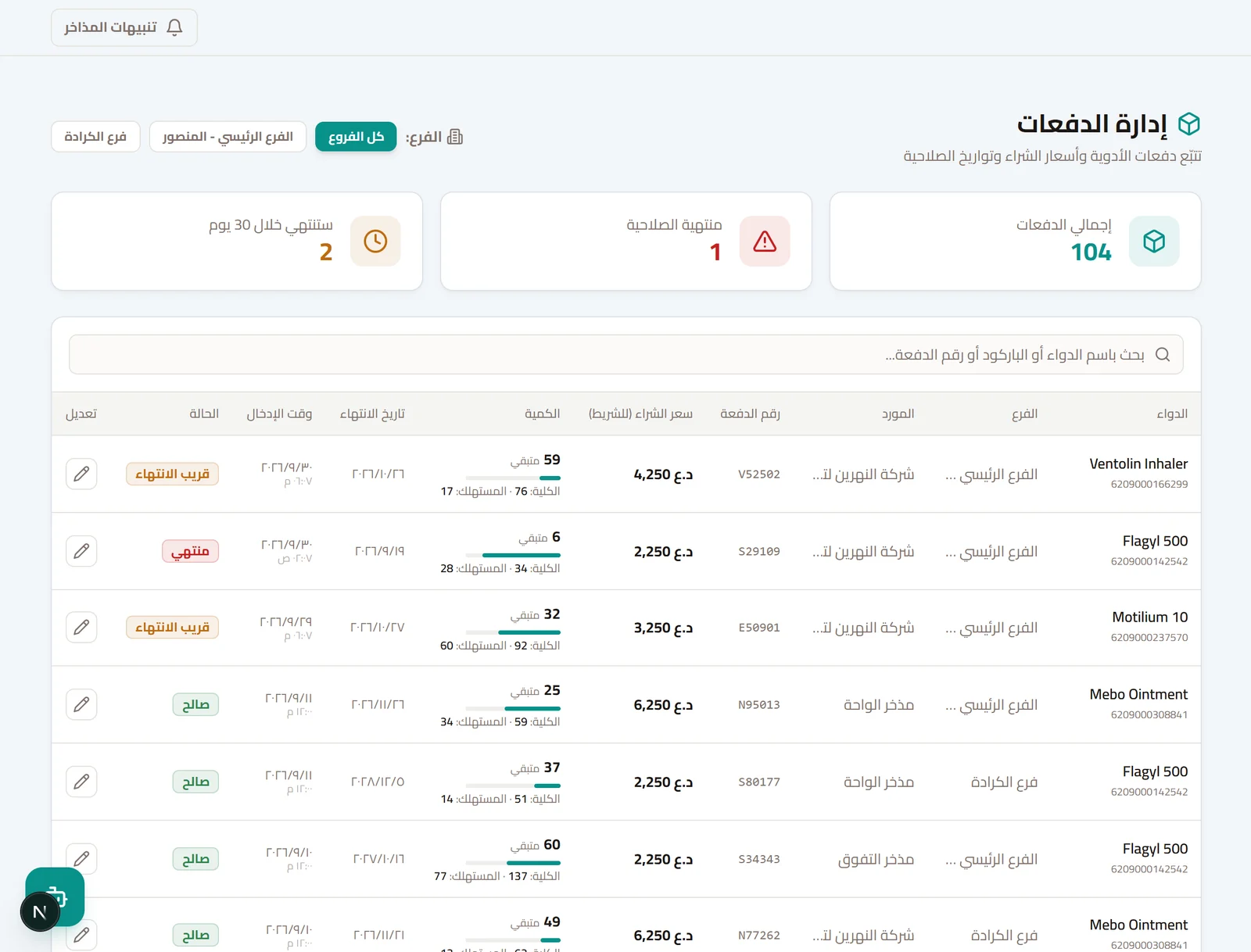 شاشة إدارة الدفعات: كل دفعة بموردها وكميتها وتاريخ انتهائها